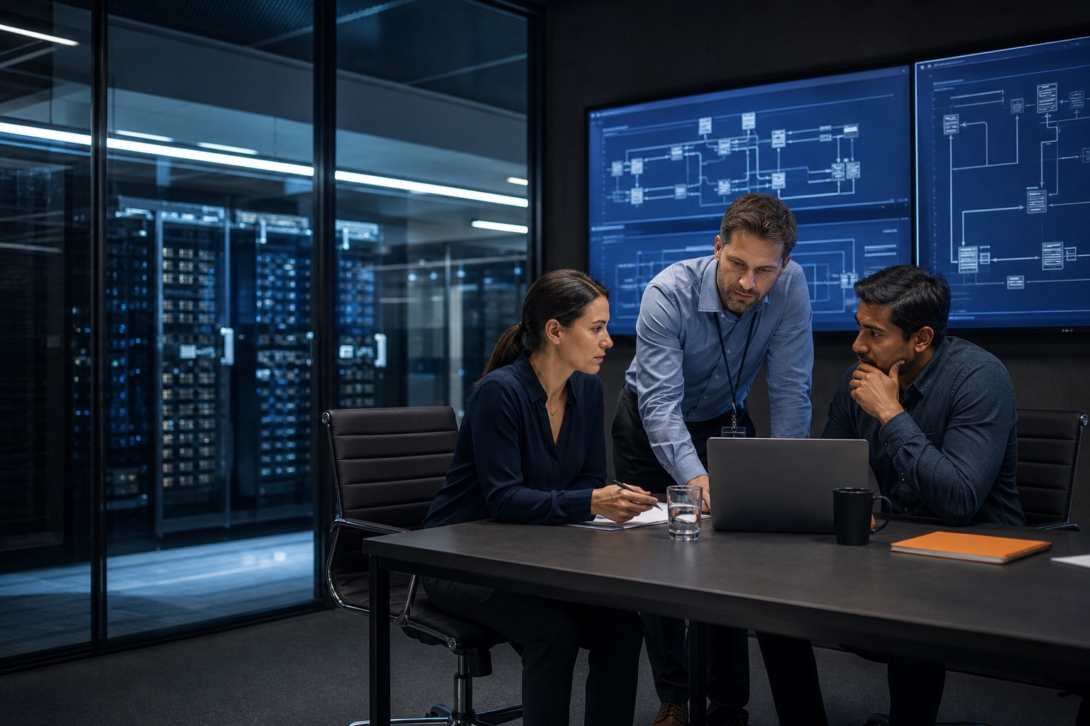 IT specialists planning a cloud migration beside secured infrastructure