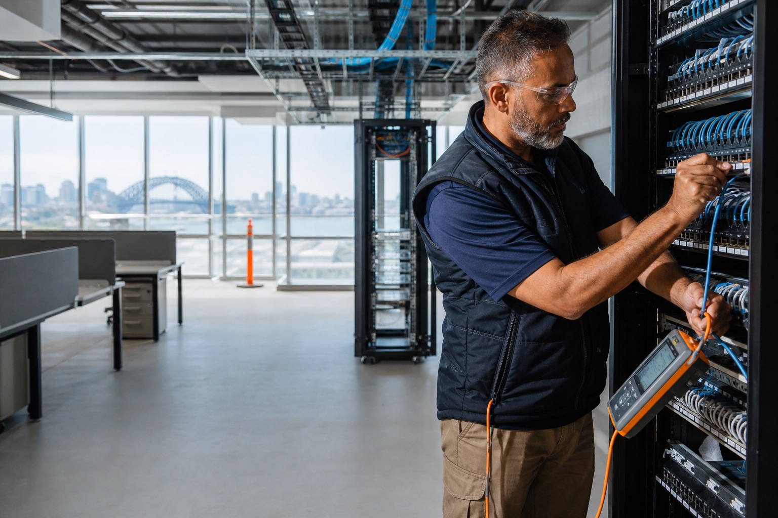 Network engineer testing a labelled office communications rack