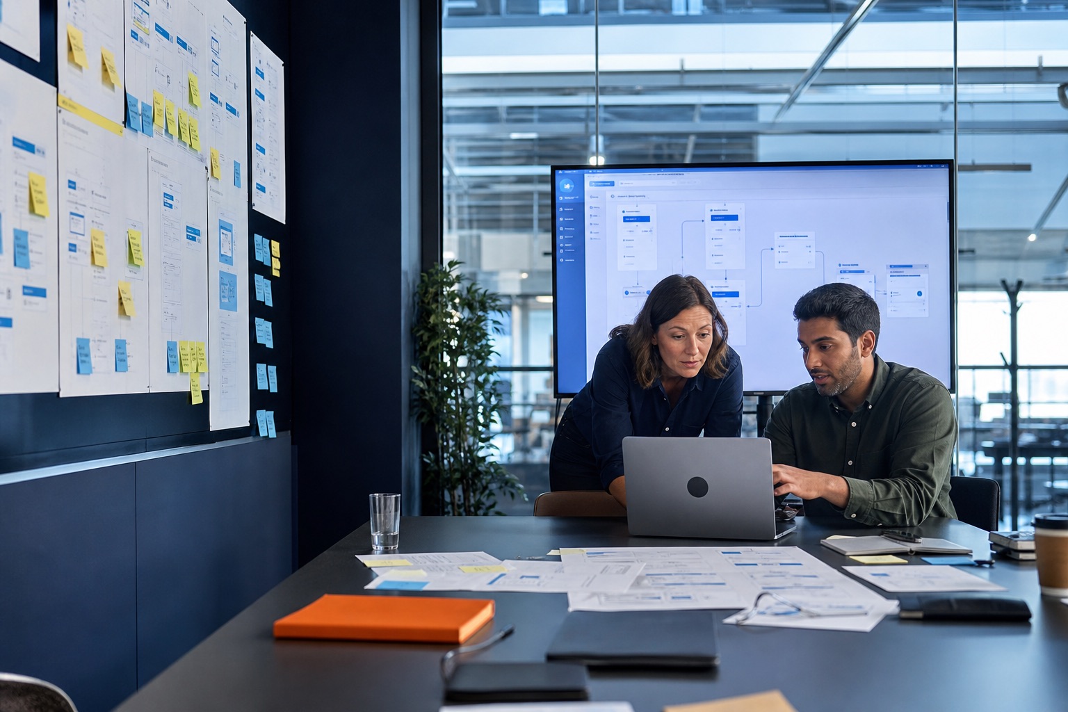 Developer and operations lead reviewing a custom workflow application